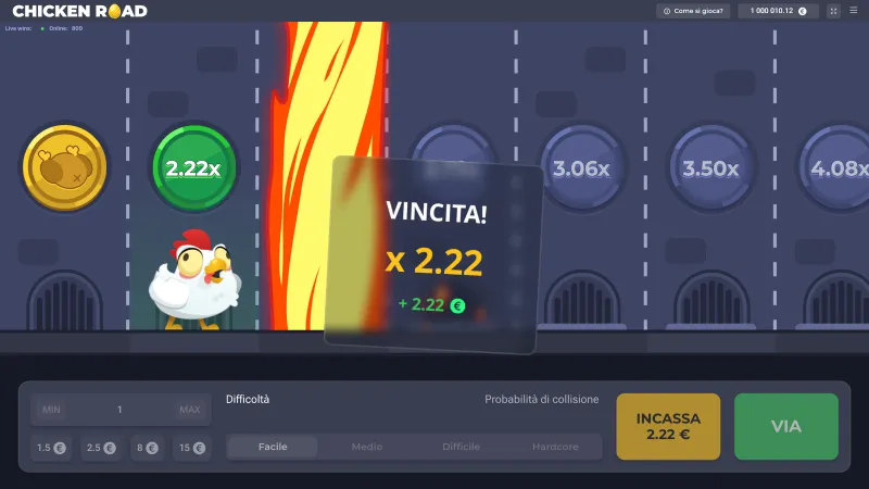 Chicken Road, livello Facile: la gallina ha appena incassato 2,22x alla linea 14 e dal tombino successivo esce la fiamma