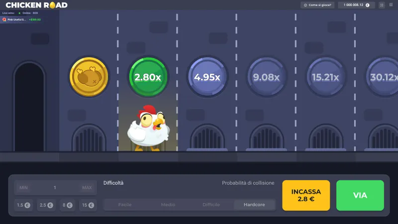 Chicken Road a Hardcore: la gallina sulla seconda linea a 2,80x, il bottone giallo mostra 2,80 euro