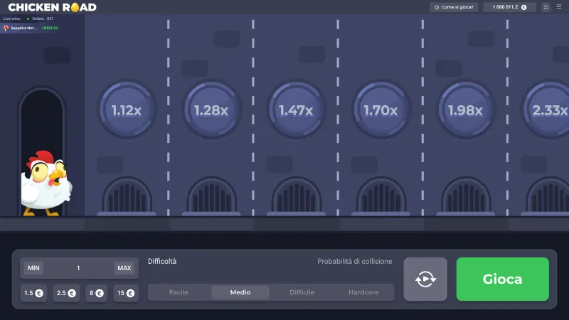 La schermata di Chicken Road nella demo ufficiale, livello Medio, puntata 1&nbsp;€