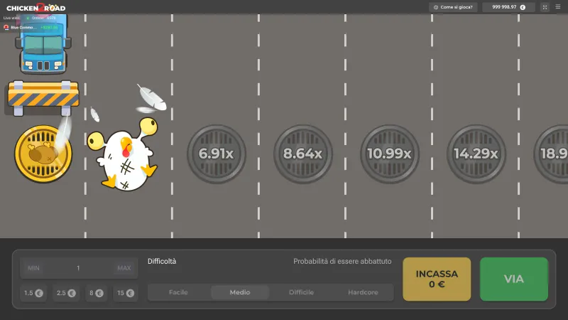 Chicken Road 2: la gallina investita, stordita e circondata di piume, il bottone INCASSA mostra 0 euro
